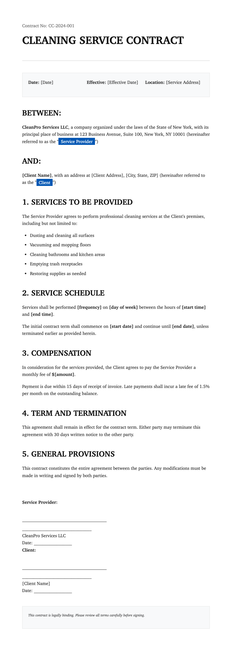 Classic professional cleaning contract